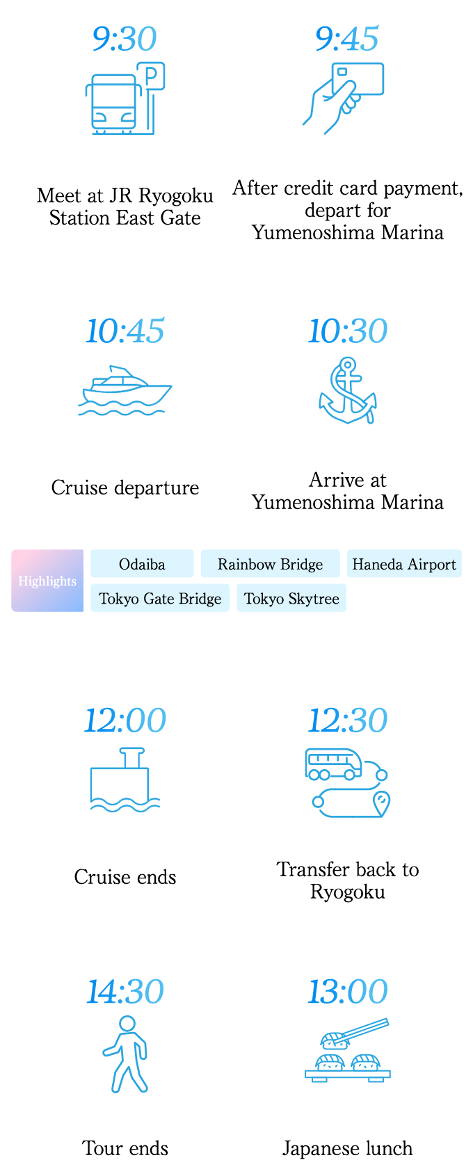 9:30 Meet at JR Ryogoku Station East Gate 9:45 After credit card payment,depart for Yumenoshima Marina 10:30 Arrive at Yumenoshima Marina 10:45 Cruise departure Highlights Odaiba Rainbow Bridge Haneda Airport Tokyo Gate Bridge Tokyo Skytree 12:00 Cruise ends 12:30 Transfer back to Ryogoku 13:00 Japanese lunch 14:30 Tour ends